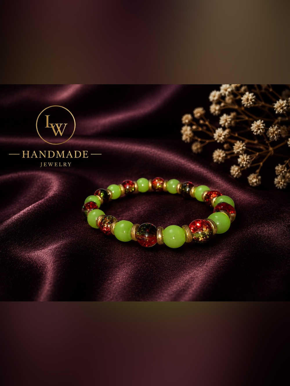 Handmade LW Green and Red Beaded Stretch Bracelet